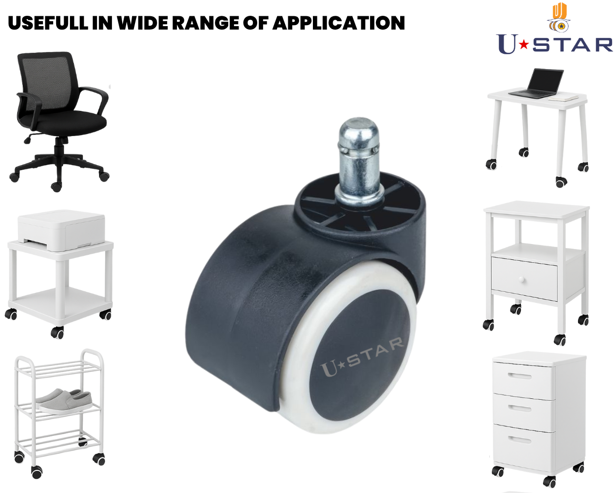 Twin Wheel Office Chair Caster Wheel 50mm Pin Type Pvc Pu(pack Of 1 Set Of 5 Piece)