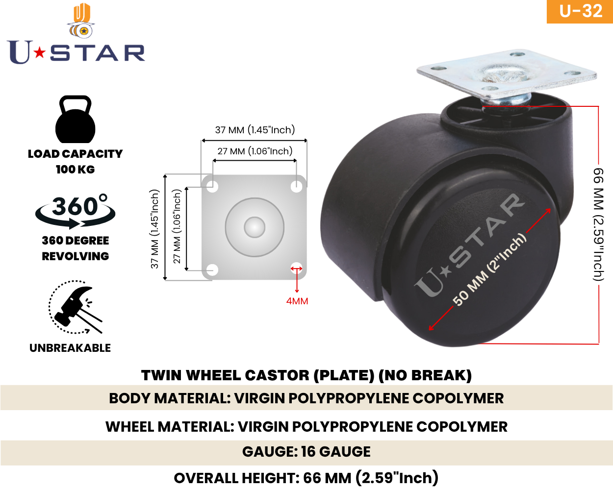 Twin Wheel Castor Plate Type 50mm(pack Of 1 Set Of 4 Piece)