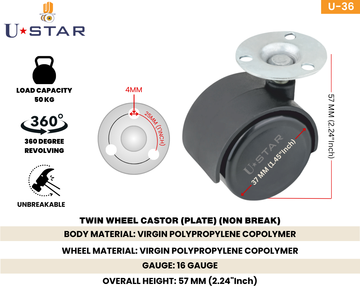 Twin Wheel Castor Plate Type 38 Mm Non Break(pack Of 1 Set Of 4 Piece)
