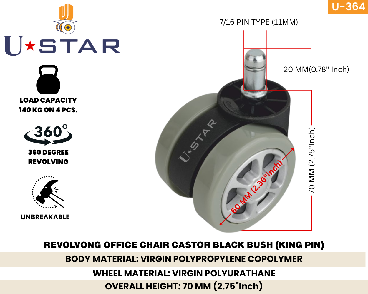 Heavy Duty 60mm Office Chair Wheel Pin Type(pack Of 1 Set Of 5 Piece)