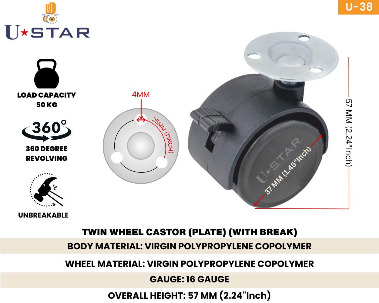 Twin Wheel Castor Plate Type 38 Mm With Break(pack Of 1 Set Of 4 Piece)