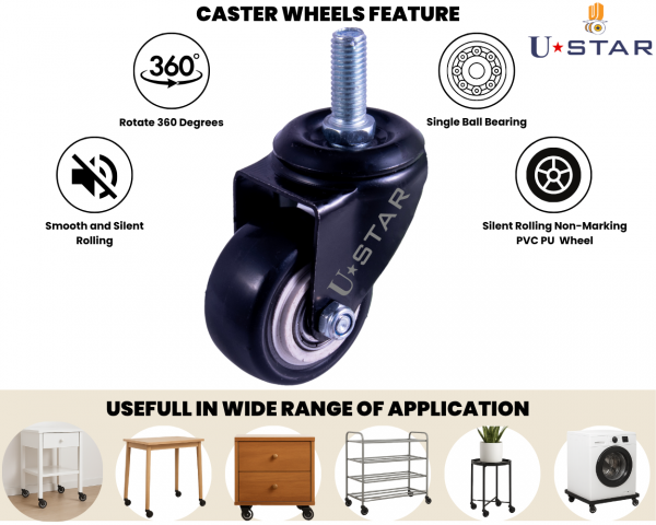 Single Wheel Pvc Pu Black Caster Wheel M10 Thread With Bearing Non Break(pack Of 1 Set Of 4 Piece)