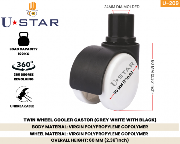 Twin Wheel Cooler Caster Wheel 50mm With 24mm Bush(pack Of 1 Set Of 4 Piece)
