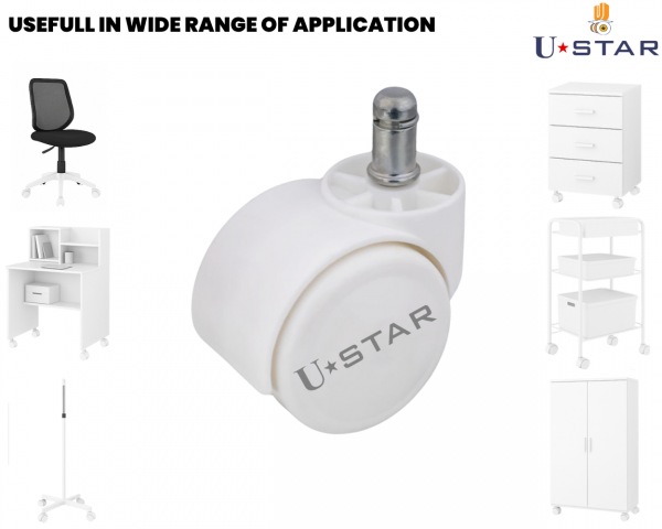 Twin Wheel White Office Chair Caster Wheel 50mm Pin Type(pack Of 1 Set Of 5 Piece)