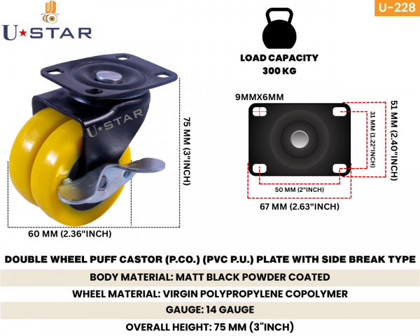 Double Wheel Puff Castor Pu Side Break(pack Of 1 Set Of 4 Piece)