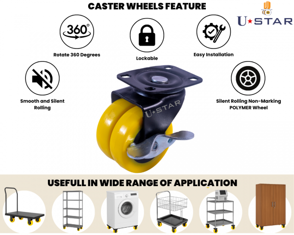 Double Wheel Puff Castor Pu Side Break(pack Of 1 Set Of 4 Piece)