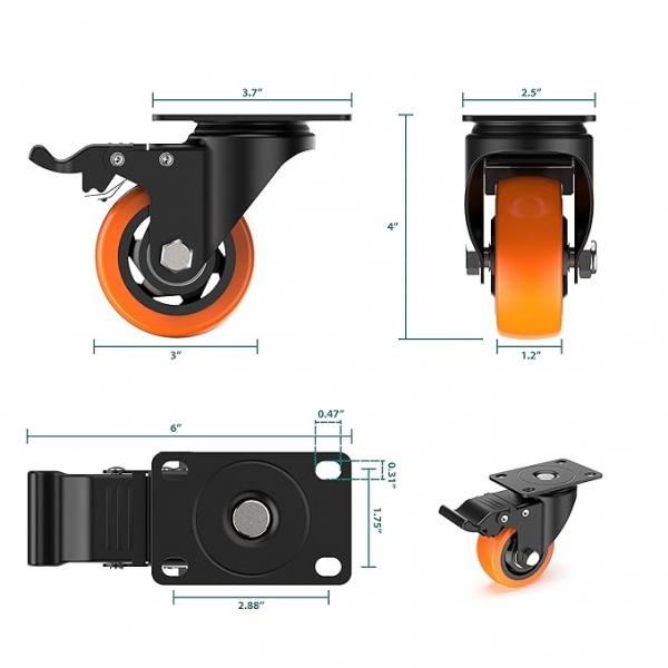 Heavy Duty Orange Pvc 75mm Caster Wheels Swivel With Break(pack Of 1set Of 4 Piece)