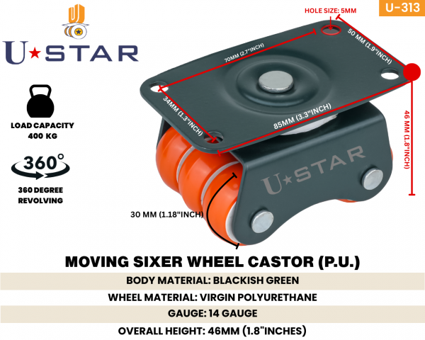 Revolving Sixer Wheel Caster Pu(pack Of 1 Set Of 4 Piece)