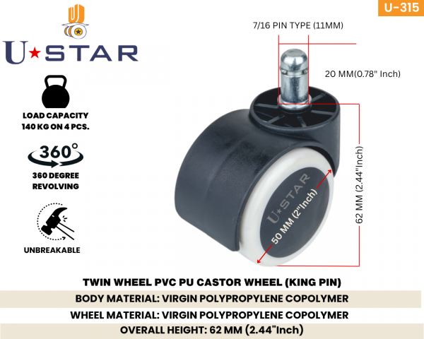 Twin Wheel Office Chair Caster Wheel 50mm Pin Type Pvc Pu(pack Of 1 Set Of 5 Piece)