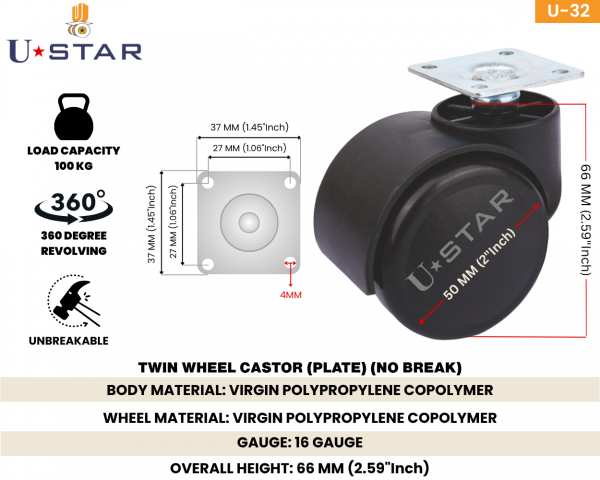 Twin Wheel Castor Plate Type 50mm(pack Of 1 Set Of 4 Piece)