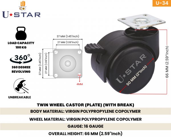 Twin Wheel Castor Plate Type 50mm Break(pack Of 1 Set Of 4 Piece)