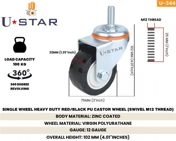 Heavy Duty 75mm Black Pu Caster Wheel M12 Thread Swivel Non Break(pack Of 1 Set Of 4 Piece)