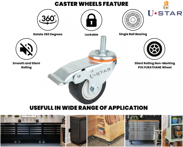 Heavy Duty 75mm Black Pu Caster Wheel M12 Thread Swivel With Break(pack Of 1 Set Of 4 Piece)