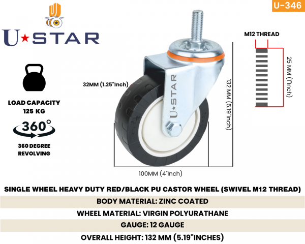 Heavy Duty 100mm Black Pu Caster Wheel M12 Thread  Swivel Non Break(pack Of 1 Set Of 4 Piece)