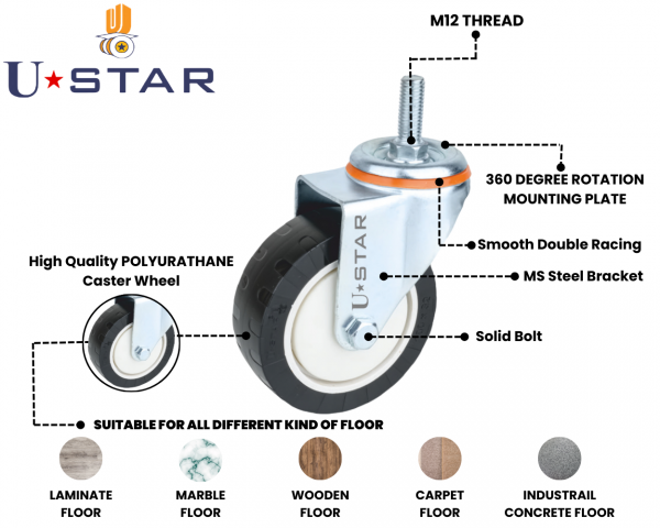 Heavy Duty 100mm Black Pu Caster Wheel M12 Thread  Swivel Non Break(pack Of 1 Set Of 4 Piece)