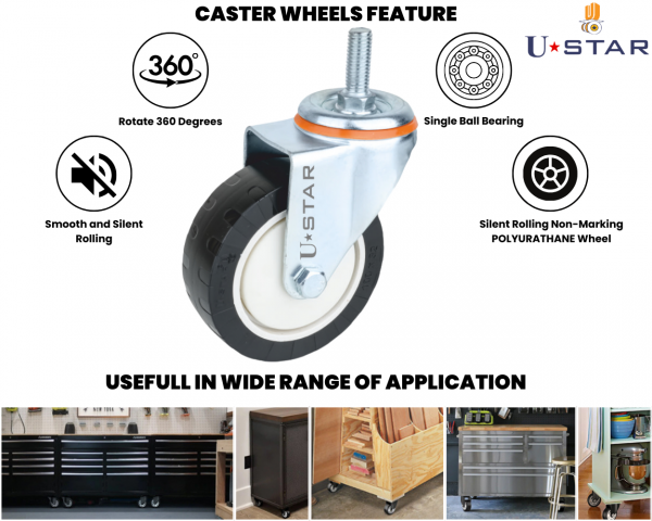 Heavy Duty 100mm Black Pu Caster Wheel M12 Thread  Swivel Non Break(pack Of 1 Set Of 4 Piece)