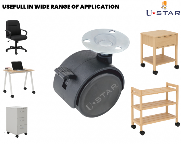 Twin Wheel Castor Plate Type 38 Mm With Break(pack Of 1 Set Of 4 Piece)