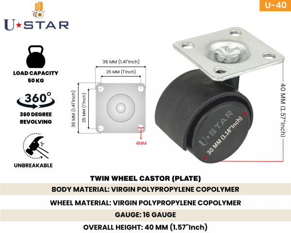 Twin Wheel Castor Plate Type30mm  Non Break(pack Of 1 Set Of 4 Piece)