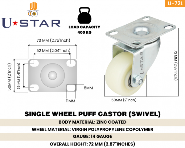 Single Wheel Nylon Caster Wheel Swivel Non Break(pack Of 1 Set Of 4 Piece)