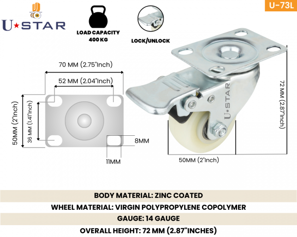Single Wheel Nylon Caster Wheel Swivel With Break(pack Of 1 Set Of 4 Piece)
