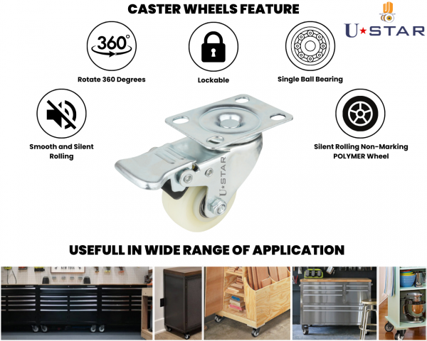 Single Wheel Nylon Caster Wheel Swivel With Break(pack Of 1 Set Of 4 Piece)