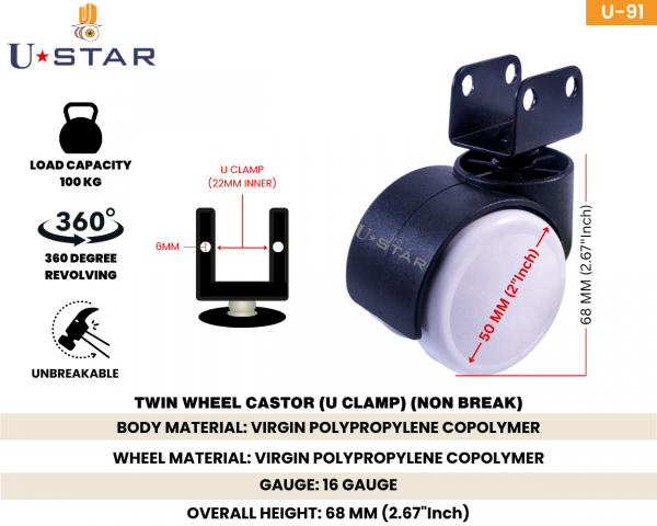Twin Wheel Castor 50mm Uclamp Non Break