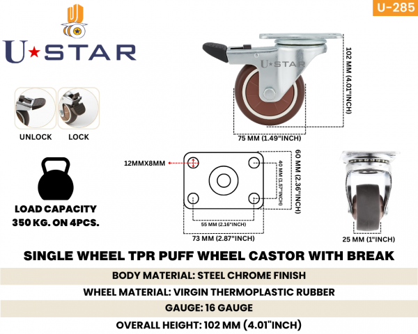 Single Wheel 75mm TPR  Wheel Castor With Break