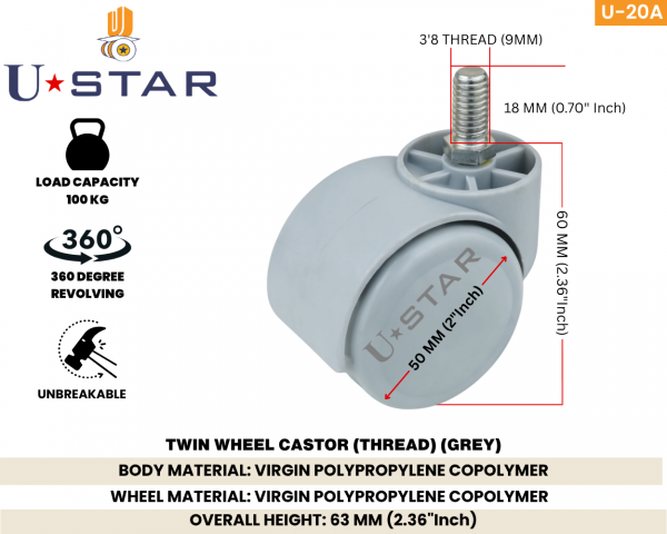 Twin Wheel Gray Office Chair Caster